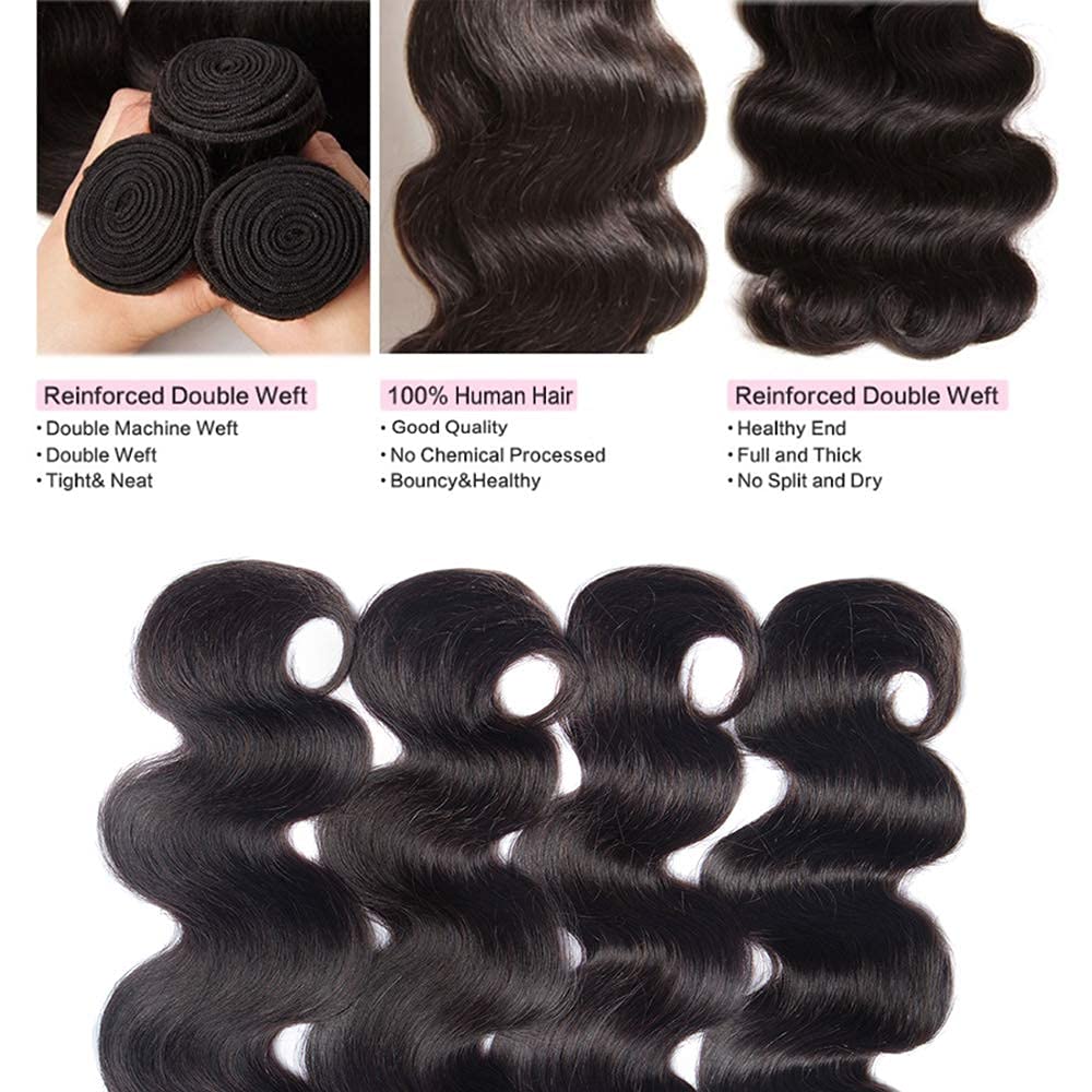 DreamPack Bundles with Closure Human Hair 12 12 12+10 Body Wave Bundles Human Hair with 4x4 Lace Closure 100% Unprocessed Virgin Hair Extensions Natural Color