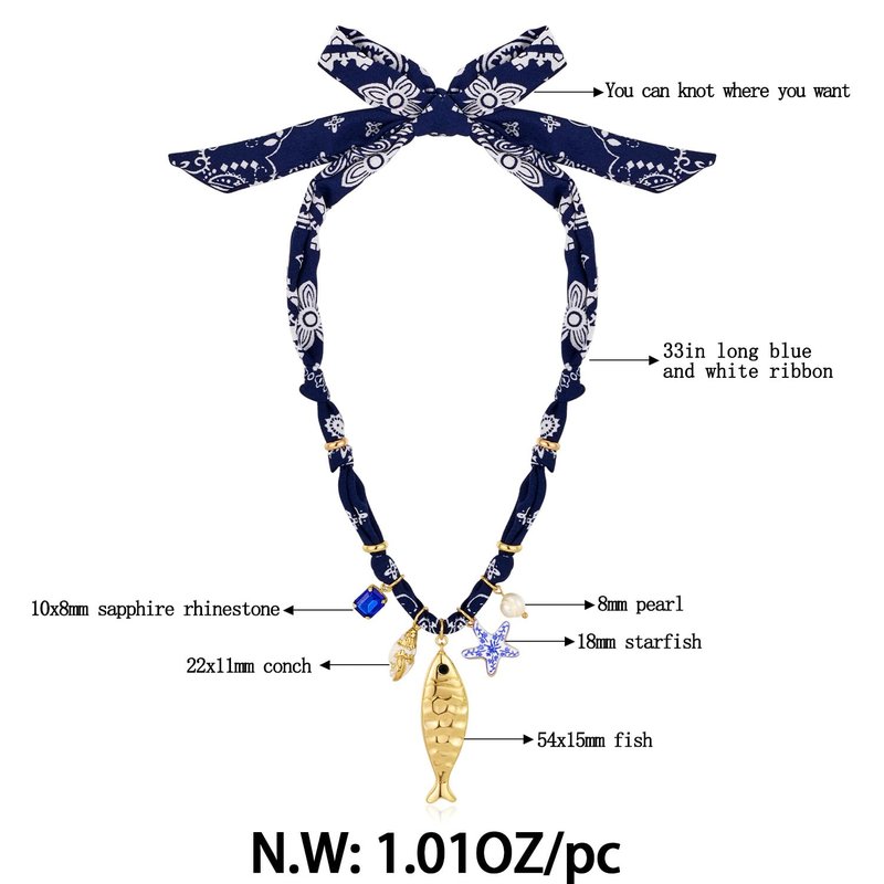FAUTHENTICUTE Chunky Gold Fish Pendant Necklace For Women Long Silk Scarf Necklace With Starfish Conch Fish Pearl Charms Boho BandanaBeach Shell Statement Necklaces