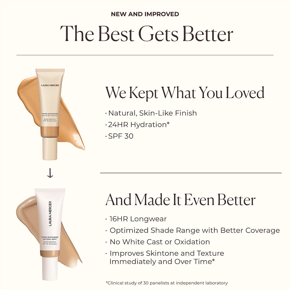Laura Mercier Tinted Moisturizer Natural Dewy with SPF 30, 24HR+ Hydration & Longwear, Sheer to Light, Buildable Coverage, Dewy Finish, Improve Skin Tone and Texture, Skin Tint, 0N Silk Mini Size