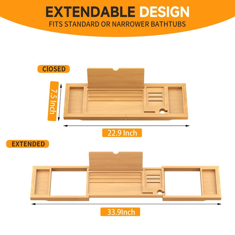 Premium Bamboo Bathtub Caddy Tray with Extending Sides, Adjustable Wood Bath Tray for Luxury Bath, Fits Most Tubs, Accessories Gift Idea