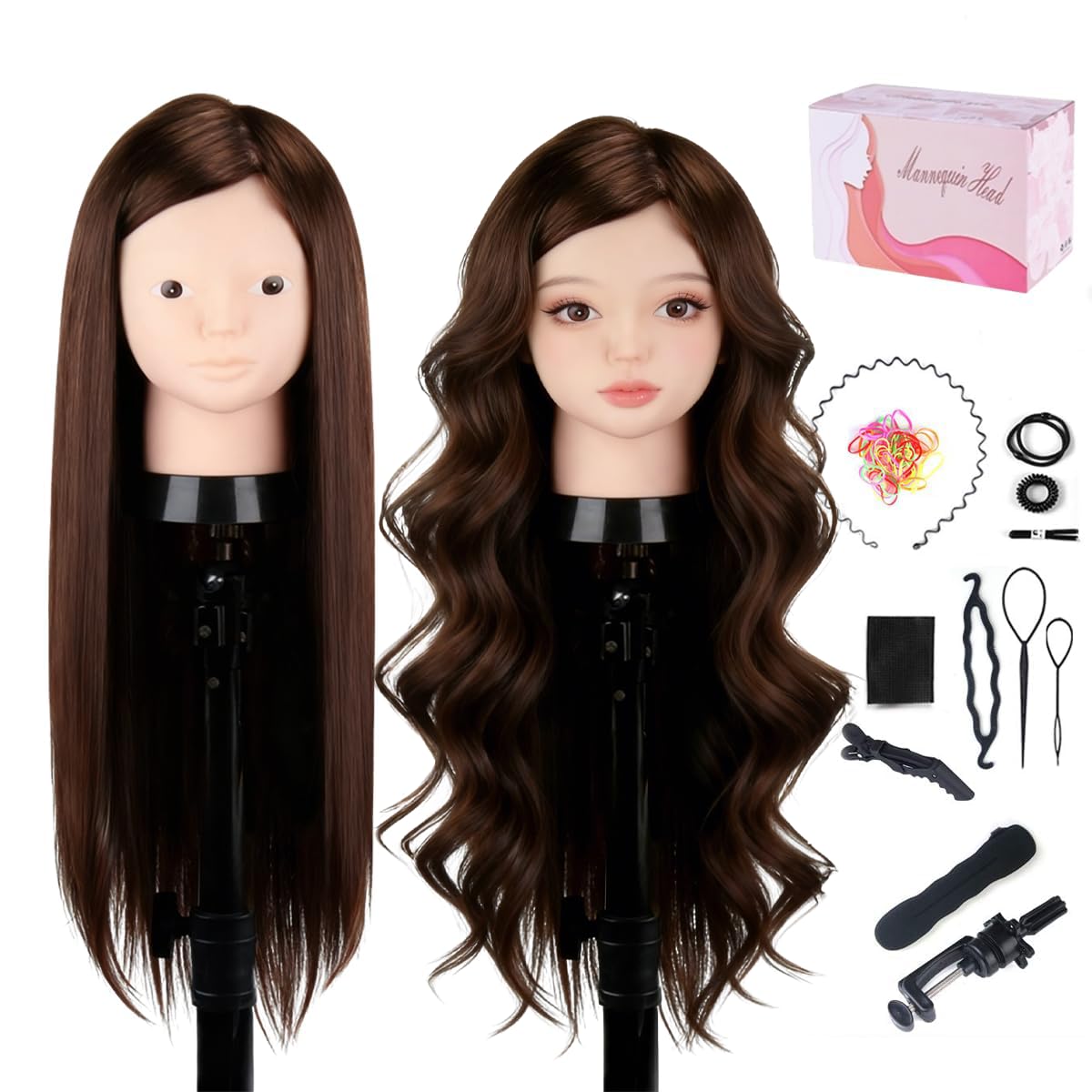MYSWEETY Mannequin Head with 80% Real Human Hair, 23.5" Styling Training Head Manikin Cosmetology Head Hair Hairdressing Makeup Practice Doll Head with Clamp Holder and Tools