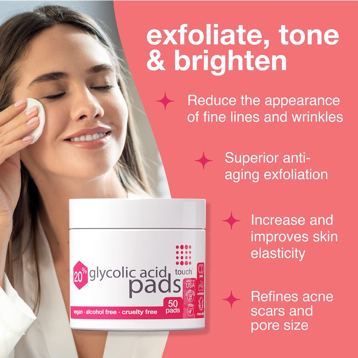 TOUCH 20% Glycolic Acid Pads Exfoliating And Resurfacing AHA Peel Face Wipes - Great for Dullness, Pores, Scars, Fine Wrinkles, Uneven Skin Tone & Texture, 50 Count