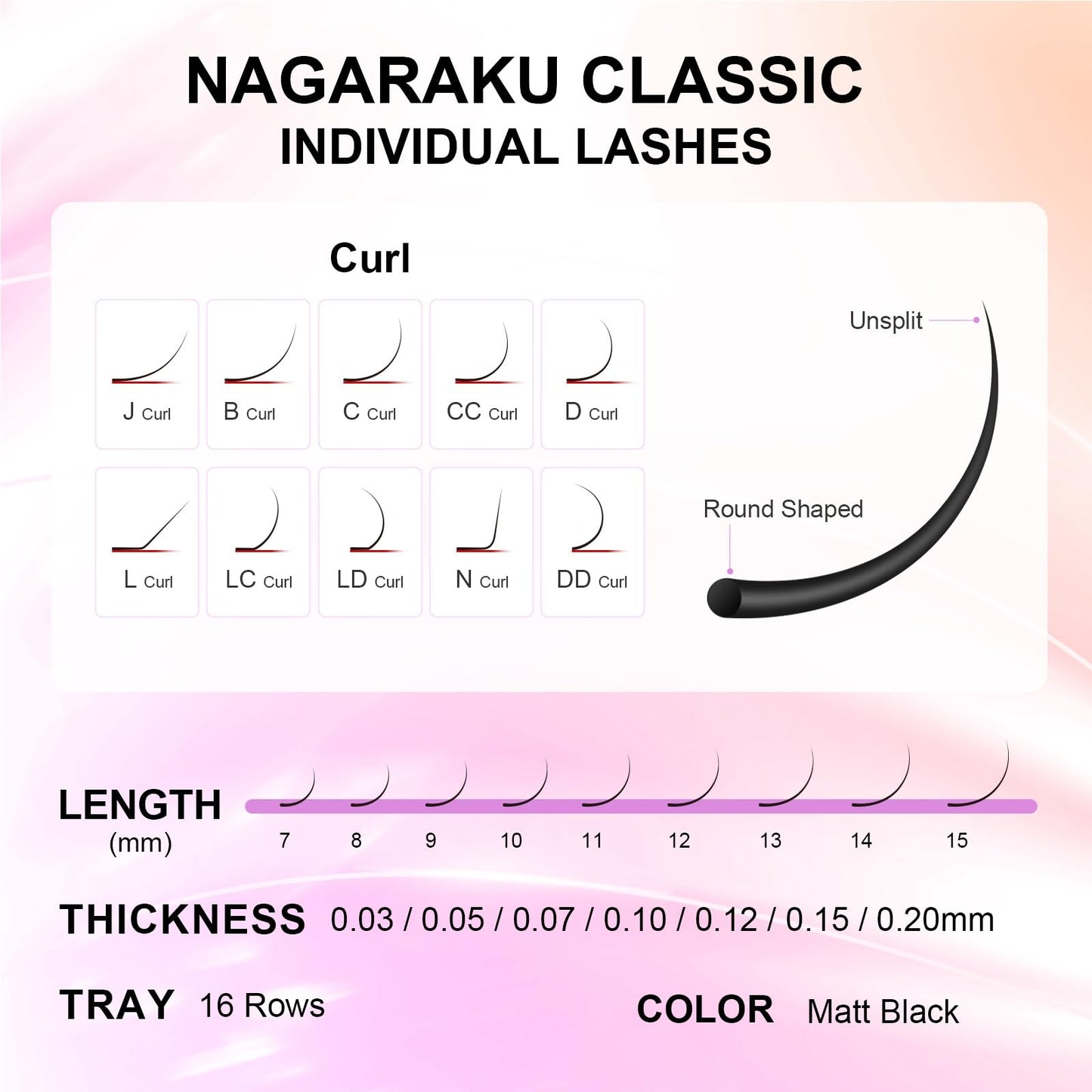 NAGARAKU Eyelash Extensions Individual Lashes 0.05mm C curl 7-15mm Mix Tray Classic Matte Black Soft Natural Faux Mink 16 rows 5 Trays