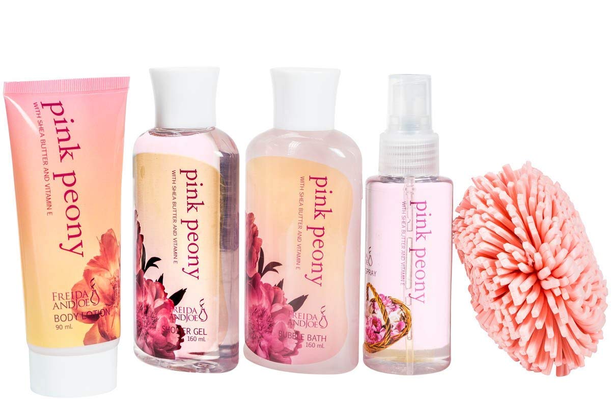 Pink Peony Bathroom Bath Set for Women, Complete Skincare Products in a Natural Wood Plant Box, Body Lotion, Shower Gel, Bubble Bath, Body Spray, Puff Gift – Mother's Day Gift for Mom