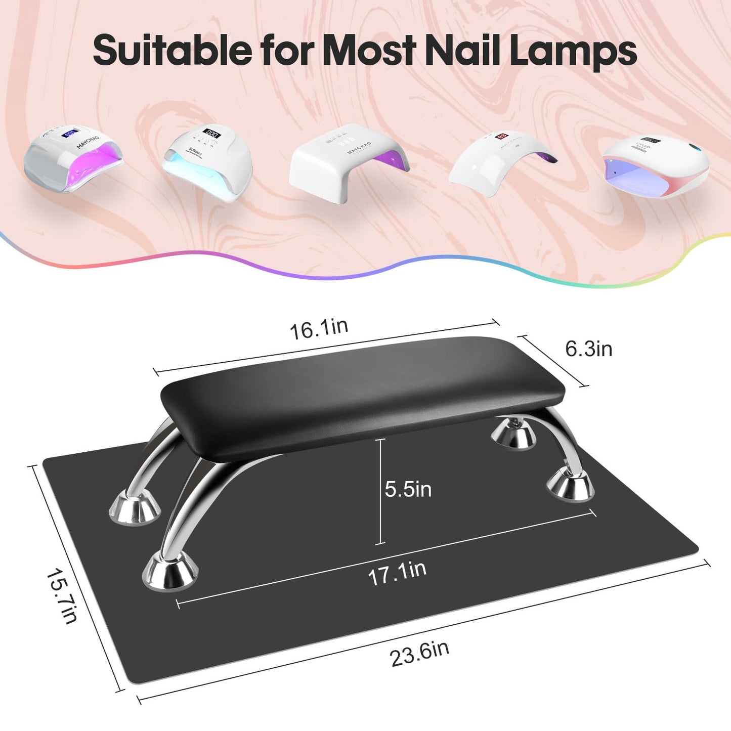 Arm Rest for Nails Tech with Table Mat for Salons and Home Manicures, Soft Microfiber Leather Nail Hand Rest for Relaxing Arms, Non-slip Height Hand Pillow Cushion Nail Salon Manicure (Black)