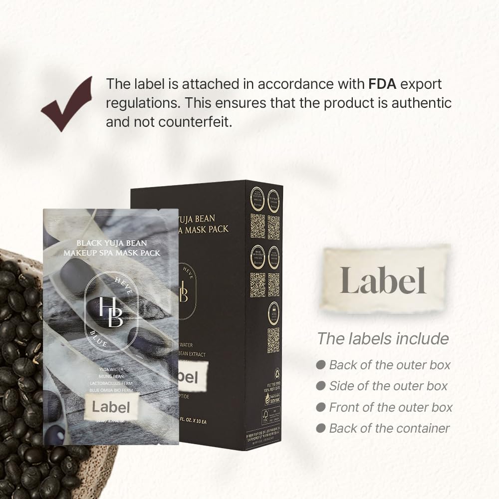 HEVEBLUE Black Yuja Bean Makeup Spa Mask Pack 10ea - 0.8 Fl. Oz of Ampoule Per Sheet, Nourishing, Sensitive Skin, Korean Skincare, Aesthetic, Moisturizing, Vegan, Hypoallergenic, K-Beauty
