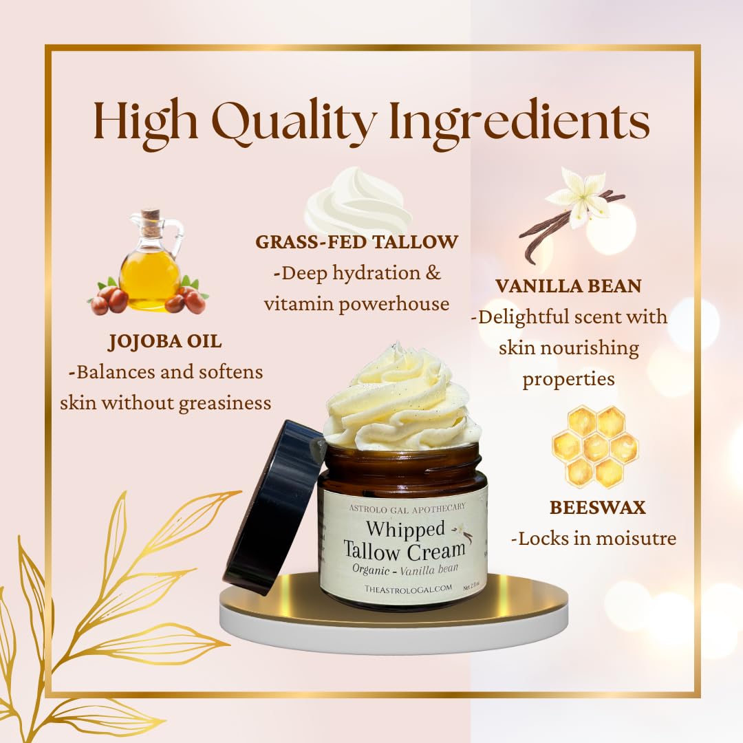 Astrolo Gal Apothecary Organic Vanilla Whipped Tallow Cream – 100% Grass-Fed | Natural Moisturizer for Dry Skin, Sensitive Skin, Face & Body – 2 oz