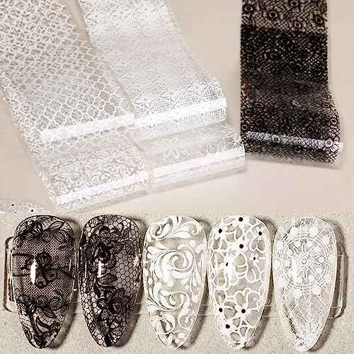 SILPECWEE 20 Rolls Lace Nail Foil White and Black Nail Transfer Foil Flower Nail Art Foils Decals Holographic Foils for Nails Manicure Stickers for DIY Acrylic Nails Decoration