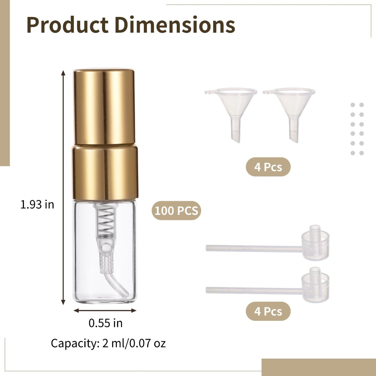Lnrueg 100 Pcs Mini Spray Bottles, 0.07 oz/2 ml Refillable Glass Perfume Bottles, Portable Travel Sample Containers with Caps, Fine Mist Atomizers with 4 Funnels and 4 Dispensers, Gold