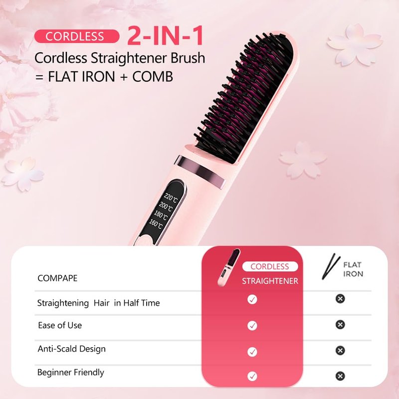 Cordless Hair Straightener Brush, Portable Straightening Brush for Women, Mini Negative Ion Hot Comb for Travel, 30Mins Auto-Off, USB Rechargeable, Fast Heating 4 Temperature Settings(Pink)