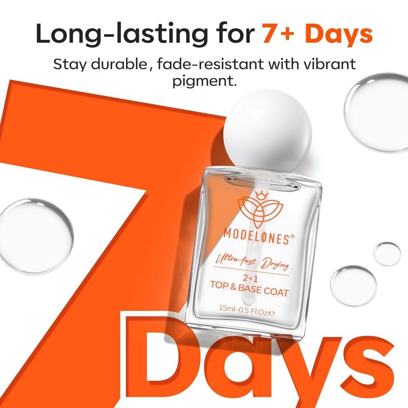 modelones Nail Polish Top Coat Base Coat 3-in-One, 15 Ml Clear Nail Strengthener Quick Dry Long Lasting Shine Chip Fade Resistant Nails Protect Care Gifts for Women