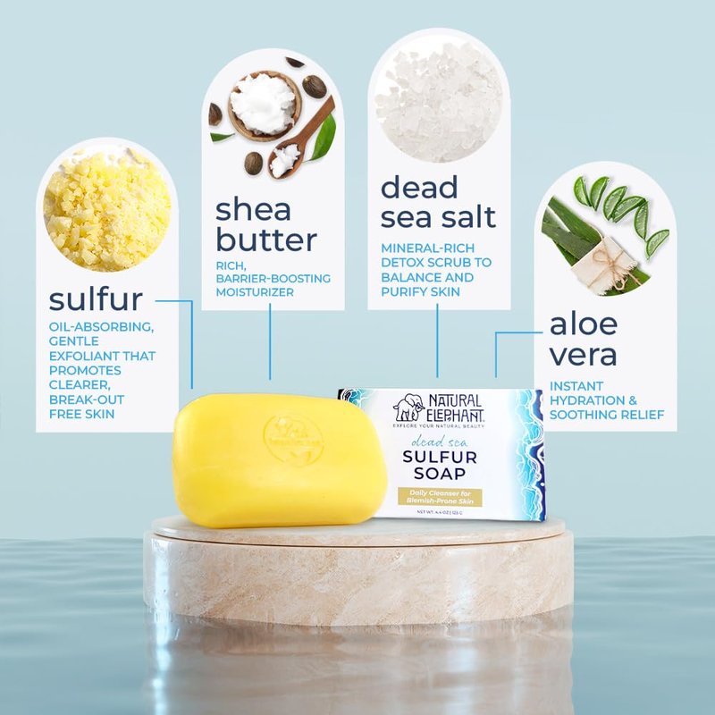 Natural Elephant Dead Sea Sulfur Soap 4.4 oz with Dead Sea Salt, Aloe Vera, Sulphur Face and Body Bar for All Skin Types (5 Pack (22 oz Total))