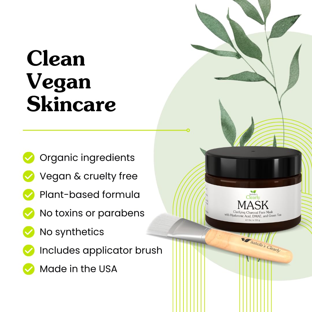 Isabella's Clearly MASK, Deep Pore Cleansing Charcoal Face Mask with Anti Ageing Hyaluronic Acid | Natural Skin Care for Wrinkles, Blackheads, Large Pores, Acne | Includes Applicator Brush