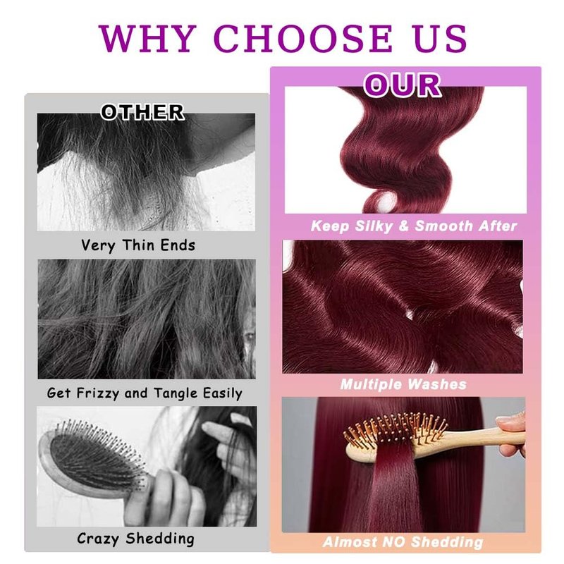 99J Burgundy Body Wave Human Hair Bundles Brazilian Hair Bundle 20 Inch Wine Red Body Wave Bundles Hair Extensions