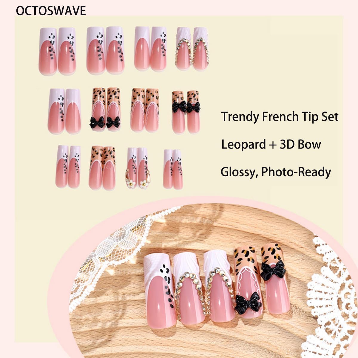 OCTOSWAVE Long Square Press on Nails - Leopard & 3D Black Bow French Tip Nude Pink Acrylic Glue on Nails, 24 Pcs Y2K Trendy Fake Nails for Women