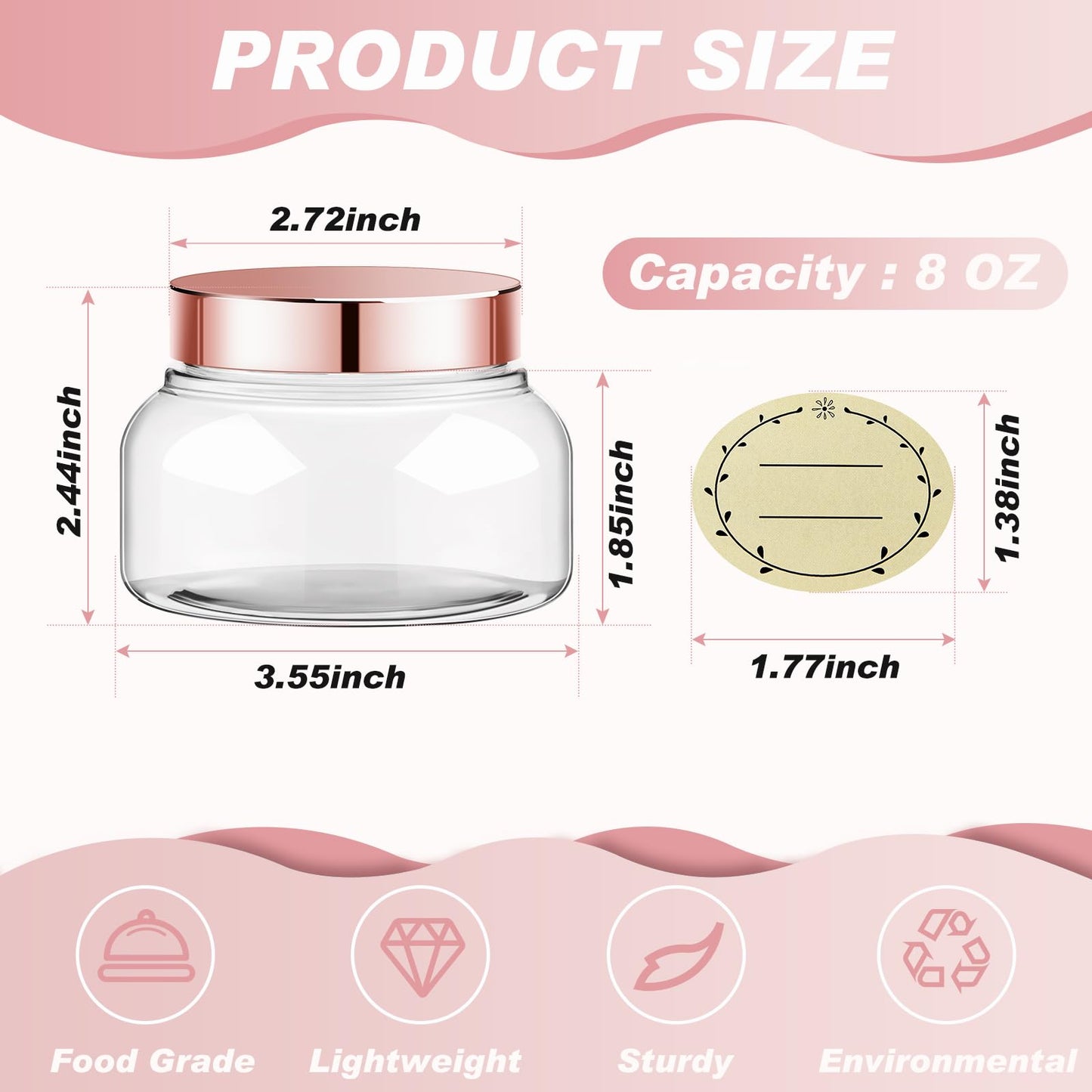 Tessco for you 24 Pack Plastic Jars with Lids Labels Multiuse Slime Containers Empty Body Scrub Jars Round Refillable Cosmetic Body Butter Container for Makeup (8 oz,Rose Gold)