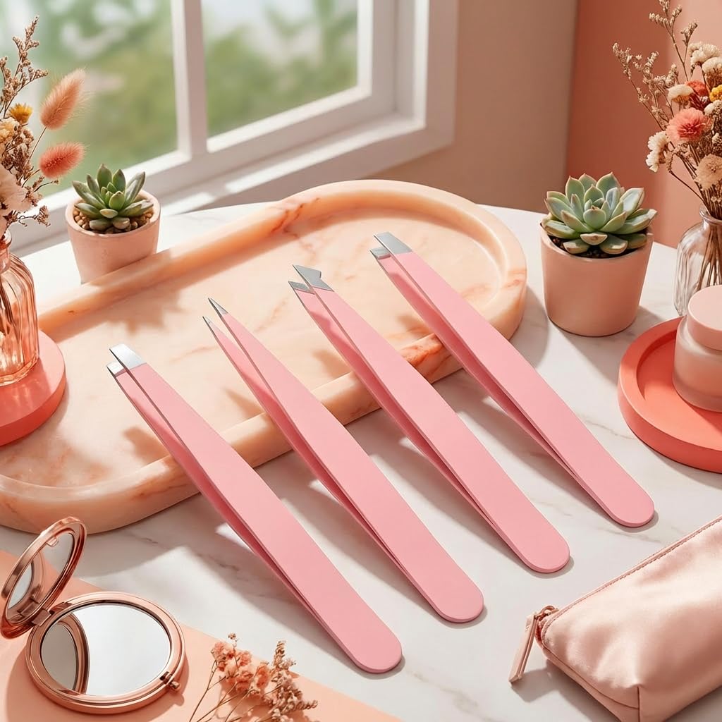 4 PCS Precision Tweezers Set for Women & Men, Stainless Steel Eyebrow Tweezers for Facial Hair Removal, Slanted & Pointed Tips for Ingrown Hair & Splinter Remover (Pink)