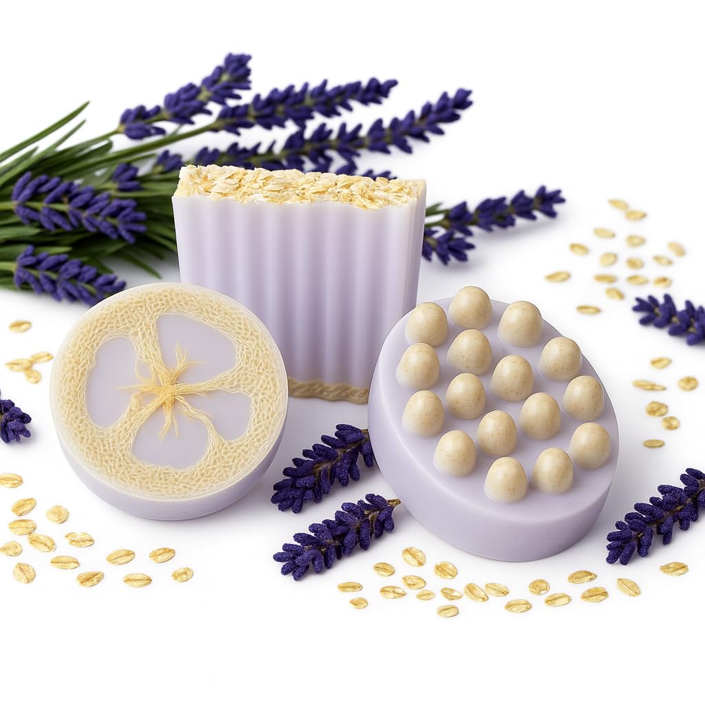 Aqua Marr Lavender Goat Milk Soap Set – 3 Pack Gift Box – Hydrating & Exfoliating Oatmeal Bars – Handmade Natural Soap for Sensitive Skin – 4 oz Each – Made in Miami
