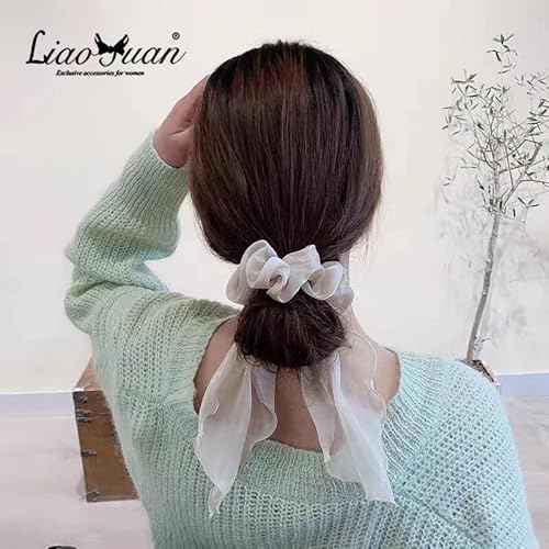 6 Pcs Scrunchies and Hair Accessories: Chiffon Floral Bowknot Ponytail Holders, Soft Elastic Hair Ribbons and Bunny Ear Ties for Women and Girls