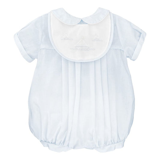 Petit Ami Baby Boys' Romper with Embroidered Sailboat Bib, Newborn, Blue