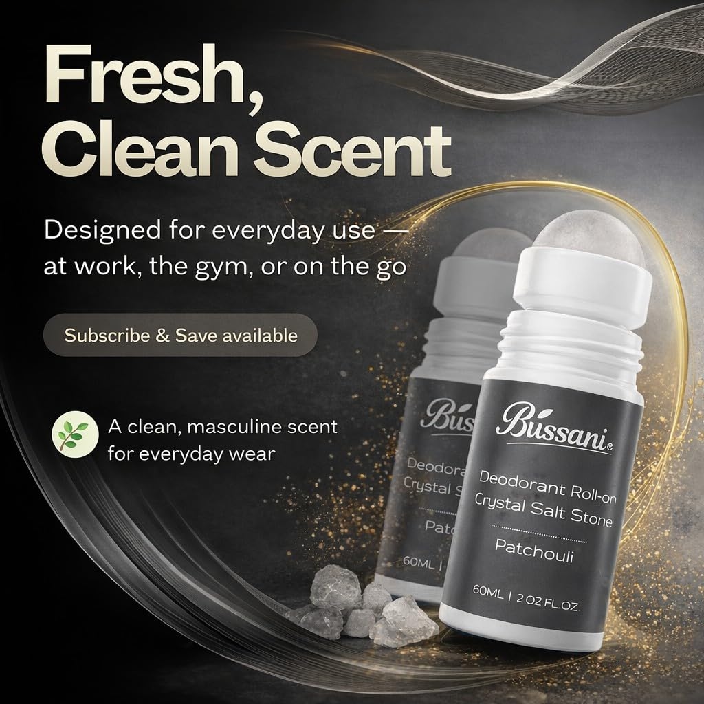Bussani Crystal Salt Stone Deodorant for Men - Aluminum Free, Non-Irritating | 2.02 Fl Oz | Quick-Dry, No Stains | 3-Pack