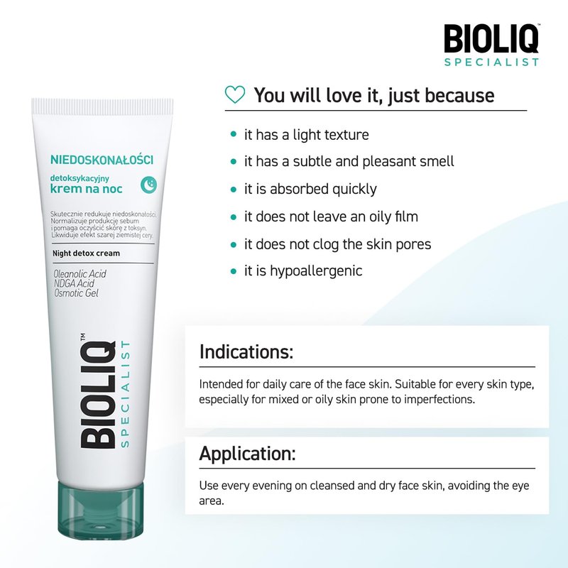 Bioliq - Specialist Night Detox Cream - for Imperfection-Prone Skin, Oleanolic Acid, NDGA, Osmotic Gel for Sebum Control and Toxin Cleansing - 30ml