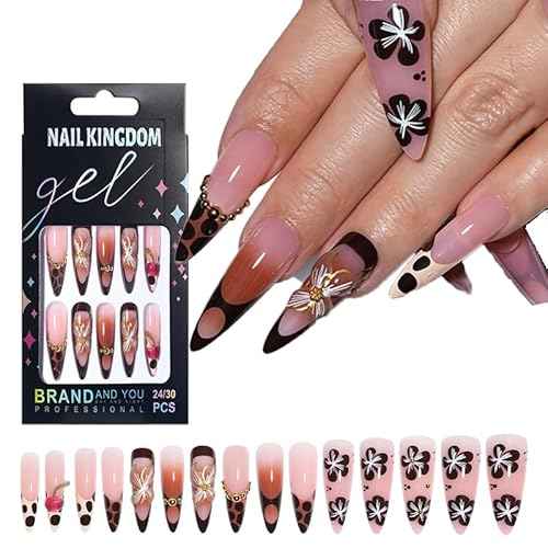 Press on Nails, 24 pcs French Press on Nails, Fake Ombre, Acrylic ons Glossy False Full Cover Glue on Soft Gel Stick on, for Women