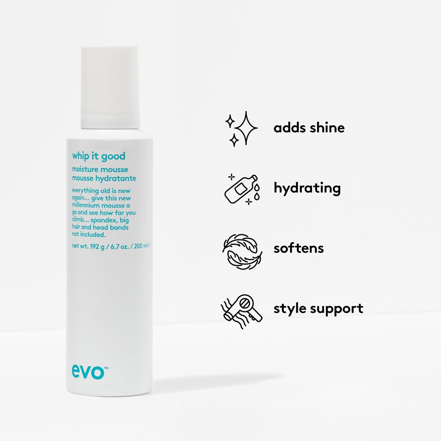 EVO Whip It Good Moisture Mousse - Hair Styling Mousse - Lightweight, Light Hold, Adds Moisture, Softens, Improves Manageability & Adds Shine - 200ml / 6.7fl.oz.