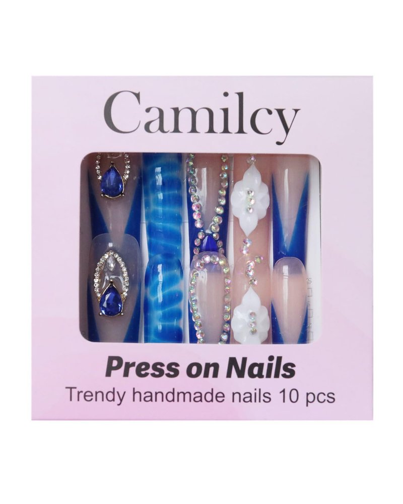 Luxury Handmade Coffin Press-On Nails - Long Length Blue Water Ripple Gem Flower Design | Glossy Full Cover Acrylic, 10pcs