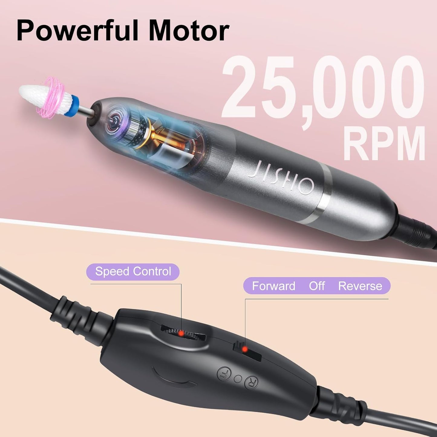 Electric Nail Drill Machine - Portable Corded Nail File for Acrylic Nails | Adjustable 25000 RPM, Ideal for Beginners & Professionals - Gray