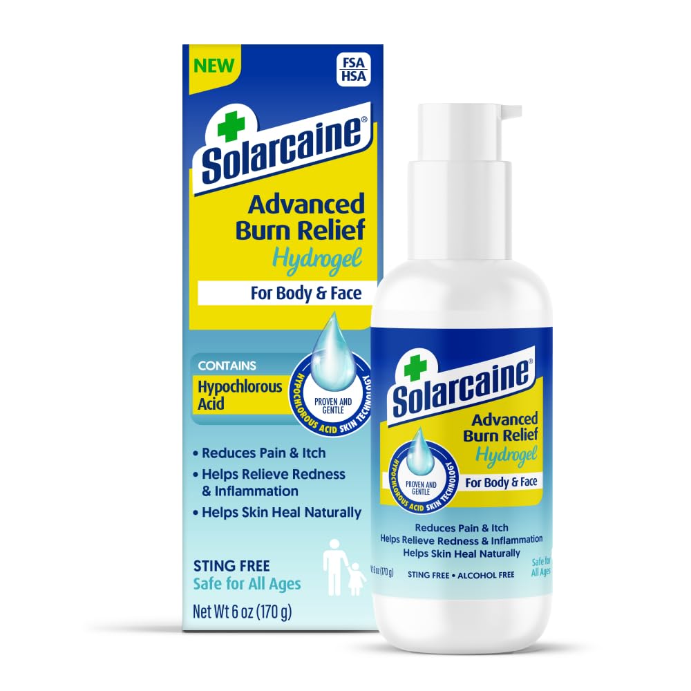 Solarcaine Advanced Cooling Hydrogel with Hypochlorous Acid, 6 oz Gel – Cooling After-Sun & Burn Gel | Soothes Discomfort, Itch & Redness – Sting-Free, Alcohol-Free, For Body & Face