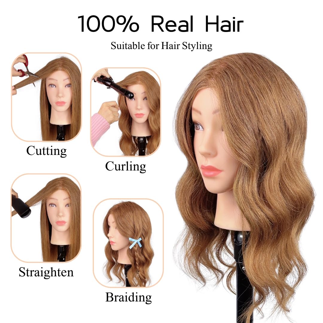 MQHIHI Mannequin Head Human Hair, 100% Real Hair Cosmetology Manikin Head for Practice Braiding Hairstyling Cutting with Free Clamp Holder and Tools (100% Light Brown)