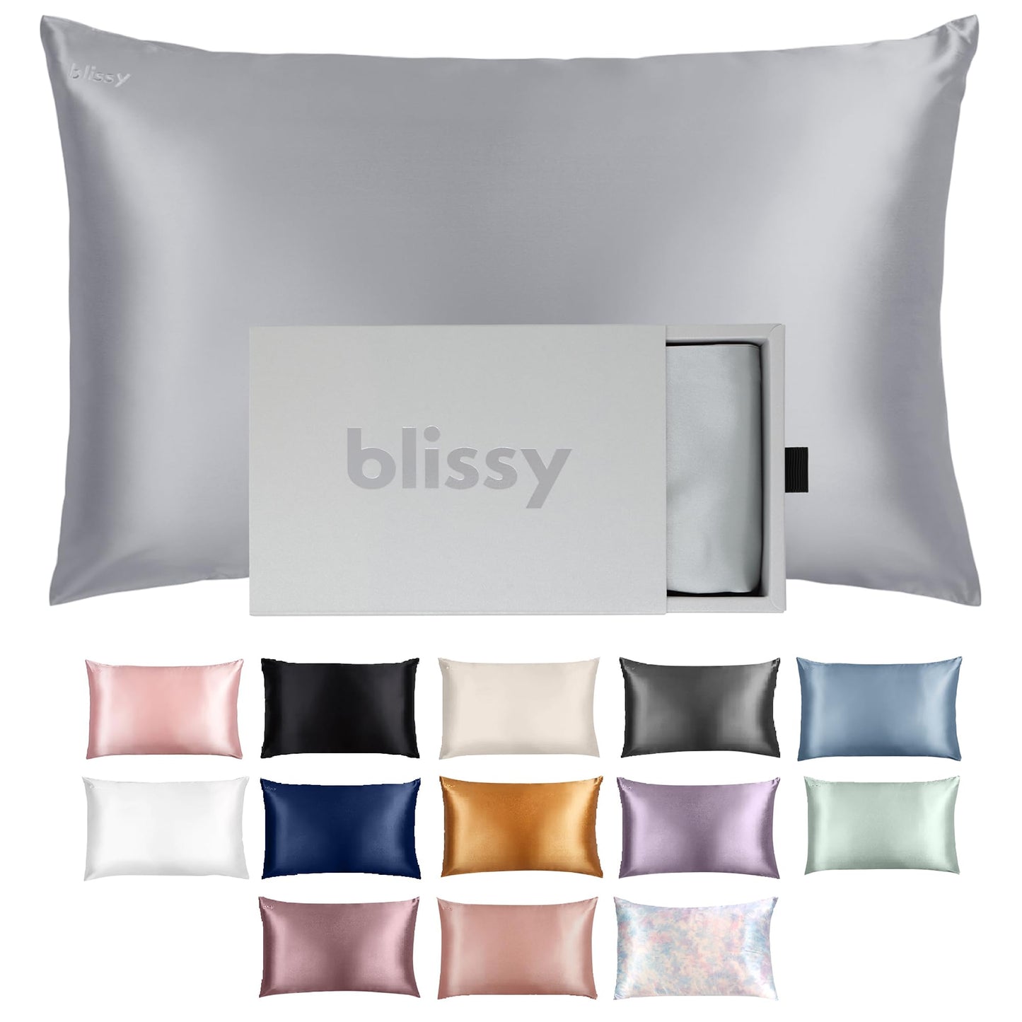 Blissy Silk Pillowcase - 100% Pure Mulberry Silk - 22 Momme 6A High-Grade Fibers - Silk Pillow Cover for Hair & Skin - Regular, Queen & King (Silver, Queen)