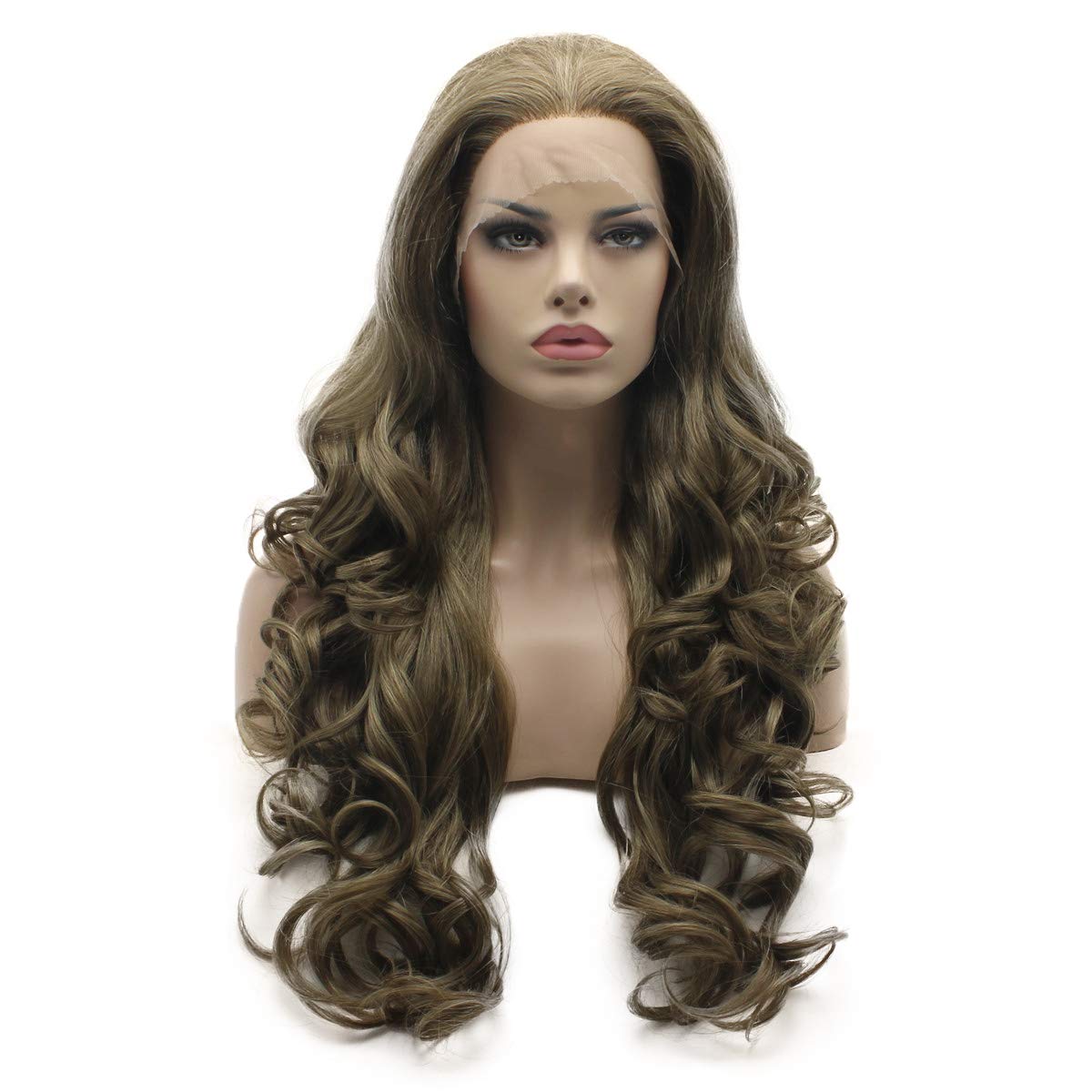 Lushy Hair Wavy Long 24inch Ash Brown Blonde Mix Wig Heat Resistant Heavy Density Realistic Synthetic Lace Front Wig