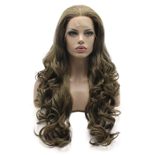 Lushy Hair Wavy Long 24inch Ash Brown Blonde Mix Wig Heat Resistant Heavy Density Realistic Synthetic Lace Front Wig