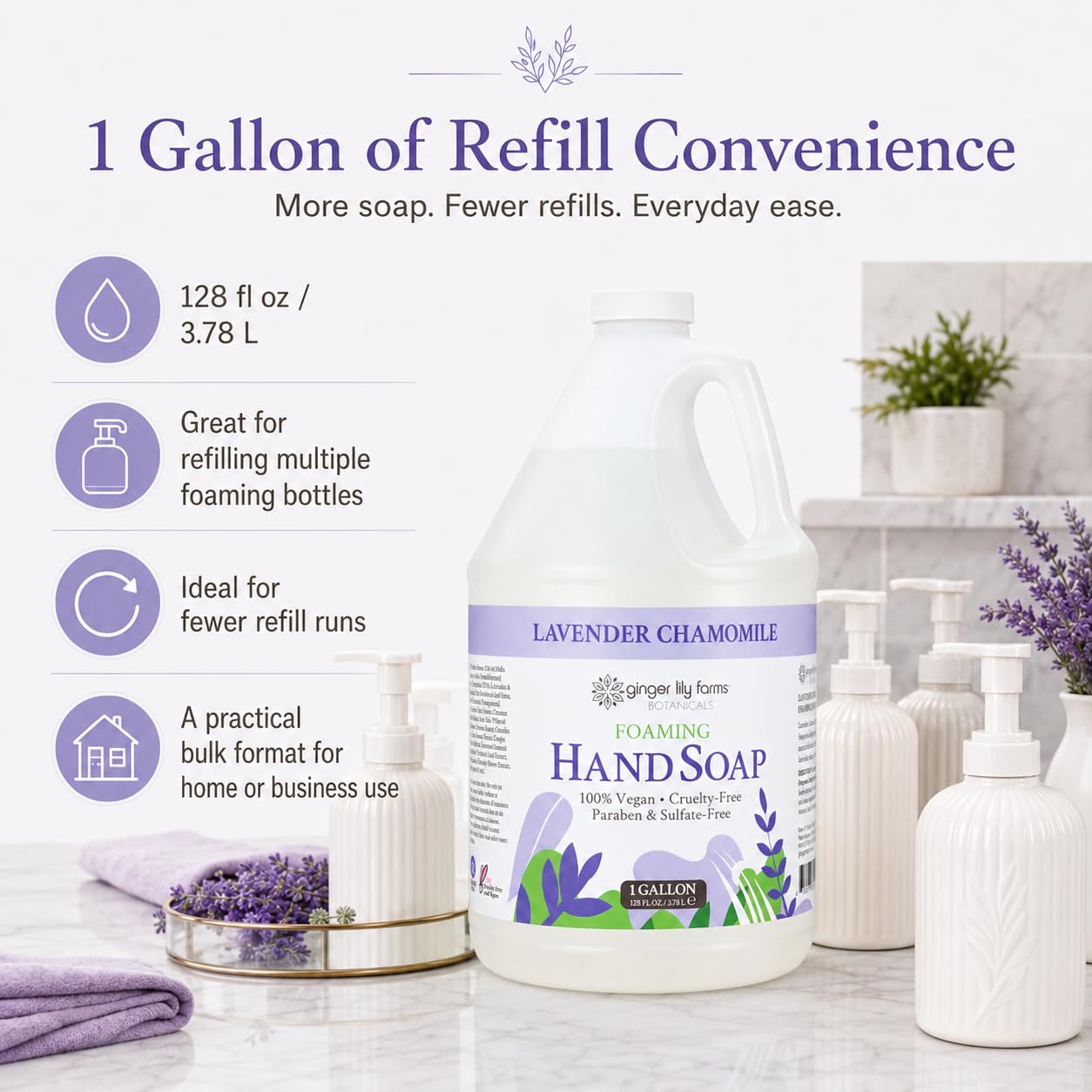 Ginger Lily Farms Botanicals All-Purpose Foaming Hand Soap Refill, 100% Vegan & Cruelty-Free, Lavender Chamomile Scent, 1 Gallon (128 Fl Oz)