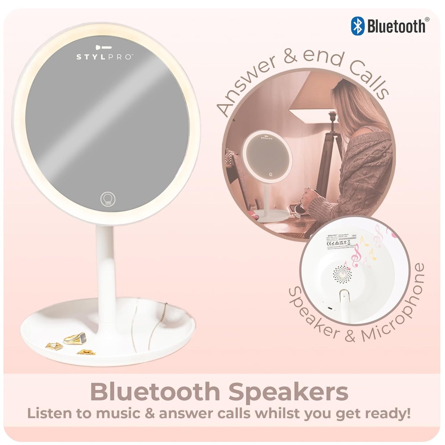 StylPro Melody Portable Bluetooth Makeup Mirror - Dimmable Touch LED Lighting | Travel-Friendly Design