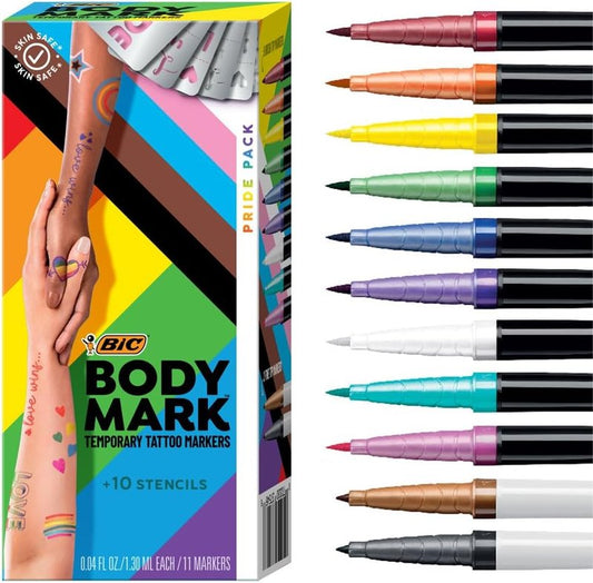 BIC BodyMark Temporary Tattoo Markers - Pride Pack, Flexible Brush Tip, 11 Assorted Colors | Skin-Safe Cosmetic Quality