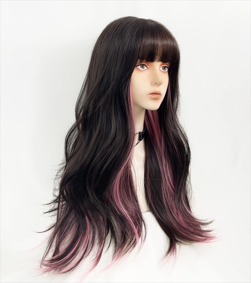 WKLOUYHE Long Wavy Wig for Women Synthetic Curly Wig with Bangs Fibre Cosplay Wig for Girls Daily Use Colorful Wigs (Black+Brown+Pink)