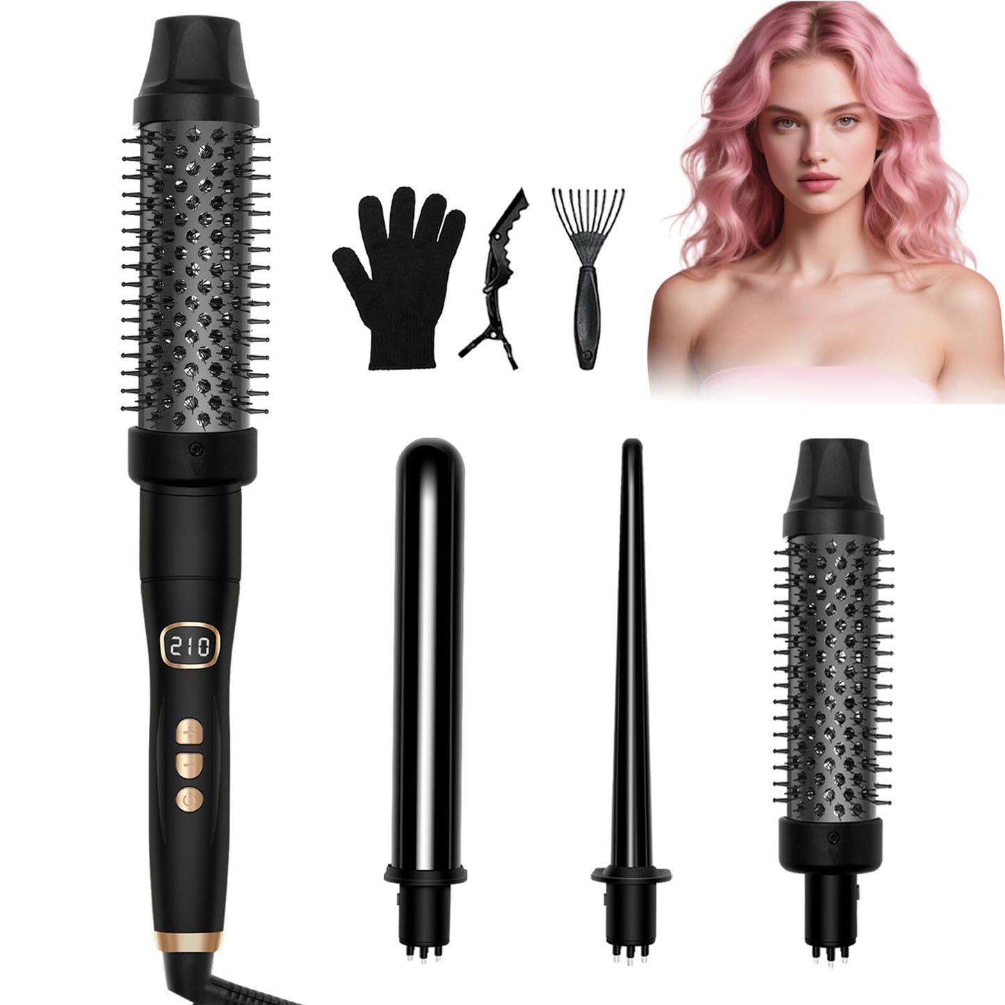 Ukliss 3 in 1 Curling Iron Set, Heated Round Brush for Straightening Curling Detangling, Ceramic Curling Wand for Versatile Styling, Dual Voltage Curling Iron Travel Friendly (Black)
