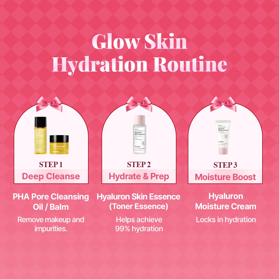 Hanskin Glass Skin On the Go Kit – Travel-Friendly Hydrating Set with PHA Cleansing Oil&Balm, Toner & Moisture Cream | TSA-Approved Mini Skincare, Holiday Stocking Stuffer, Teen Girl & Women’s Gift