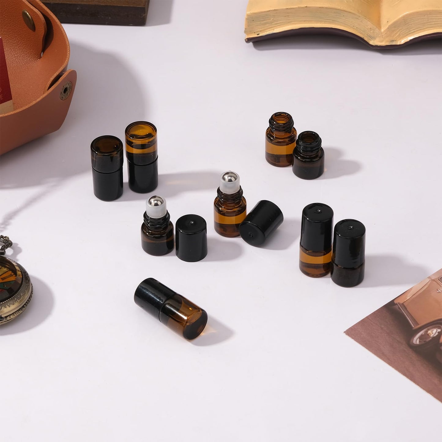 RAMFIYN 120 pack Amber Roller Bottles for Essential Oils 2ml Refillable Roll on Applicator for Travel Mini Makeup Containers with Pipettes and Bottle Opener