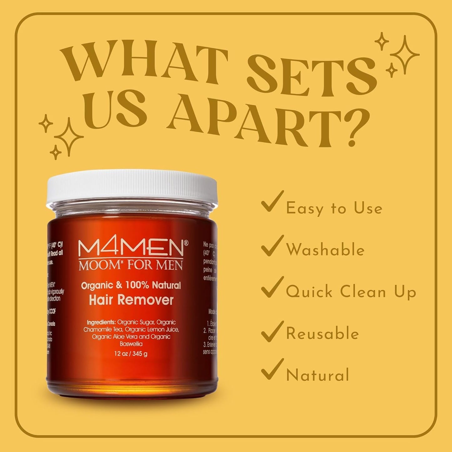 MOOM USDA Organic Sugar Wax Hair Removal for Men, 12 oz Wax Jar, Sugaring Hair Wax with Aloe Vera & Chamomile - Body, Leg, Chest & Face wax - Soft Wax for Sensitive Skin (Strips & Sticks Not Included)