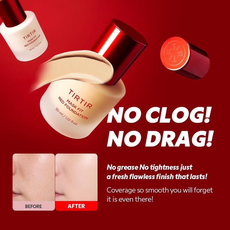 TIRTIR Mask Fit Red Foundation - Long-Lasting Flawless Coverage, Hydrating, Pore-Blurring | #21N Ivory, 1.01 Fl Oz