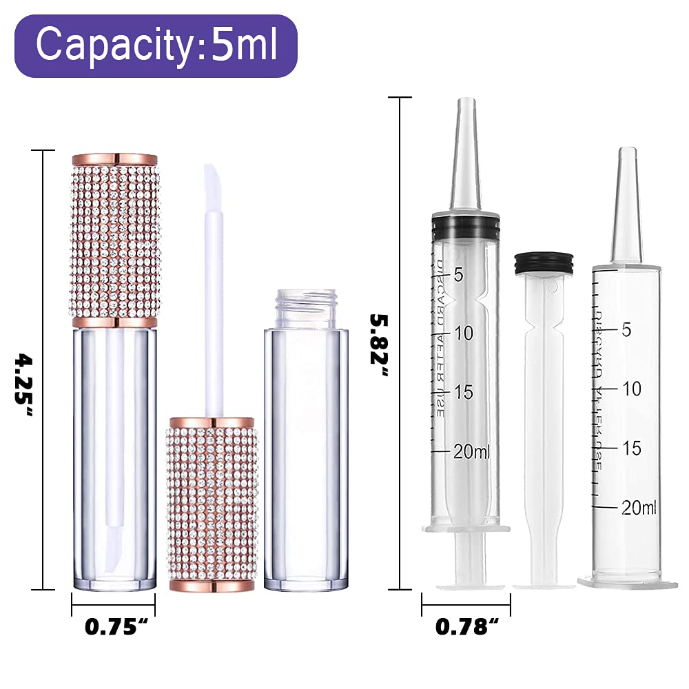AMORIX 24 Pack Crystal Rhinestone Lip Gloss Tubes with Wand 5ml Empty Containers + Syringes + Labels