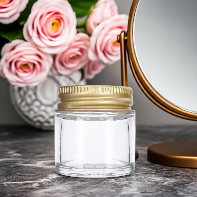 1 oz / 30 ml Clear Thick Glass Jar with Gold Metal Airtight Lid (12 Pack)