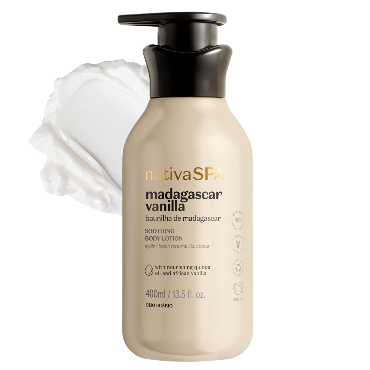 Nativa SPA by O Boticário, Madagascar Vanilla Moisturizing Body Lotion, Fragranced Skin Moisturizer with Purified Quinoa Drops, 13.5 Ounce