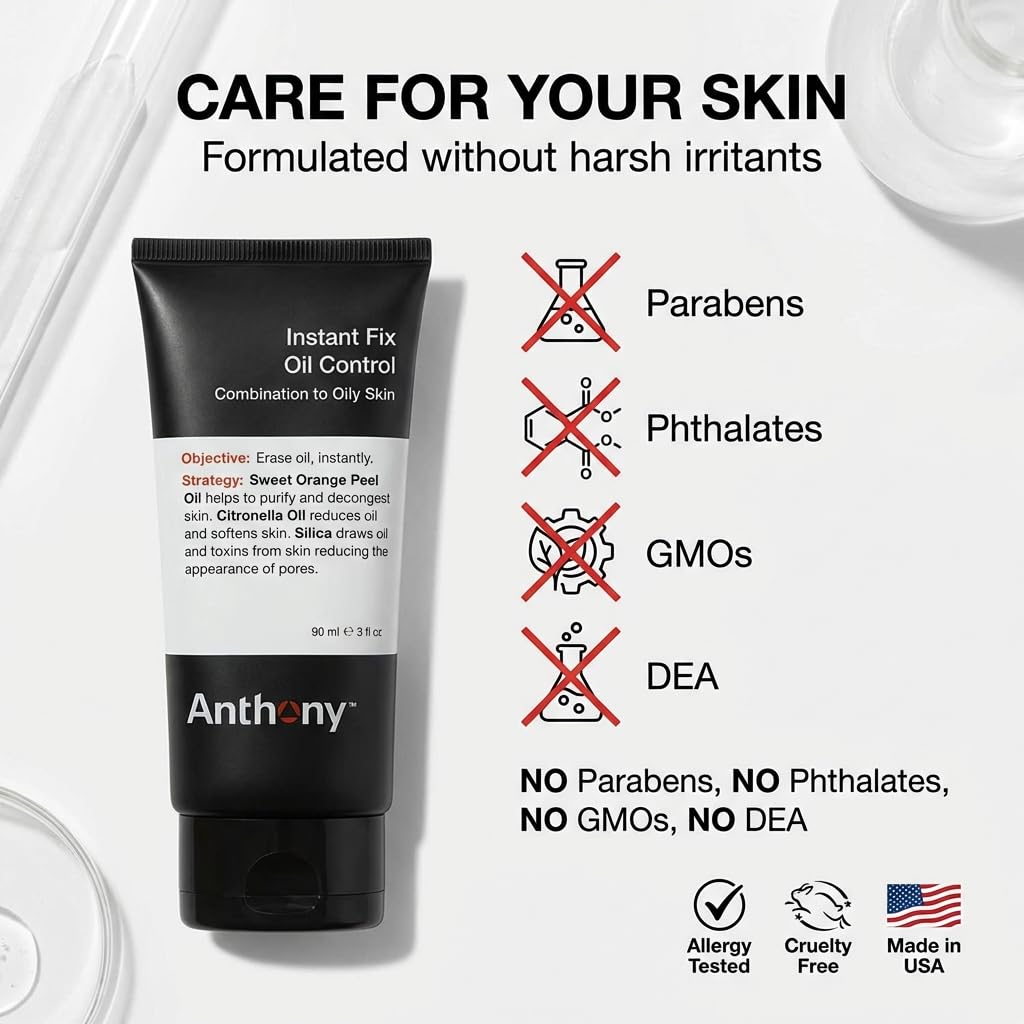 Anthony Instant Fix Oil Control for Men – Mattifying Lotion for Oily Skin – Moisturizer and Pore Minimizer Instantly Eliminates Shine – 3 Fl Oz