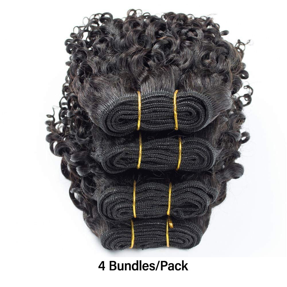 Curly Human Hair Bundles, 4 Pack Short Curly Hair Extensions, Natural Color, Brazilian Style, Soft & Full, 8 Inch Bundles