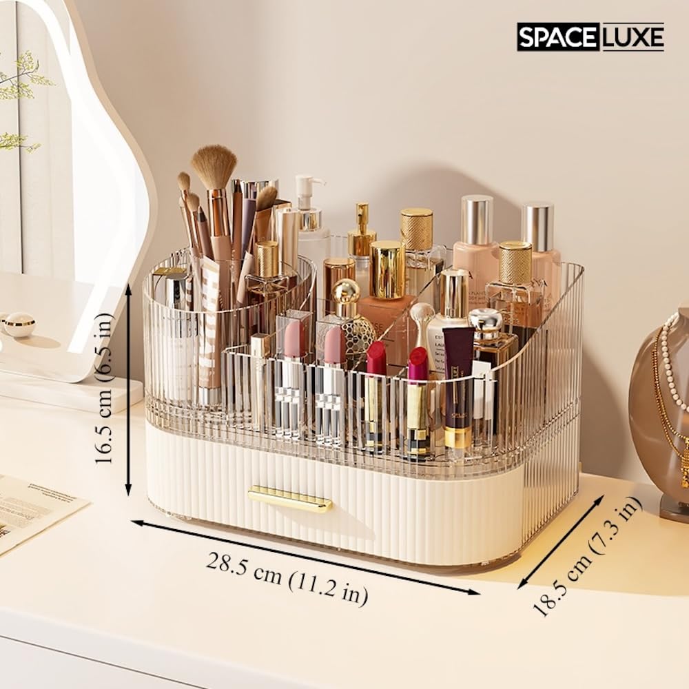 SpaceLuxe Makeup Organizer with Drawers, 360° Rotating Brush Holder